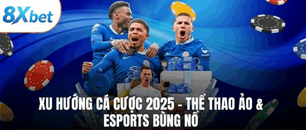Các cầu thủ thể hiện niềm vui chiến thắng trong hình nền màu xanh nổi bật, quảng cáo trang cá cược 8XBET với khuyến mãi cực khủng, phù hợp cho các tín đồ thể thao ảo và esports.
