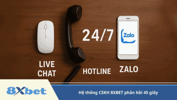 Hình ảnh thể hiện dịch vụ hỗ trợ khách hàng của 8XBET qua live chat, hotline và Zalo, hoạt động 24/7, đảm bảo phản hồi nhanh chóng trong vòng 45 giây, nâng cao trải nghiệm người dùng và sự uy tín của nhà cái.